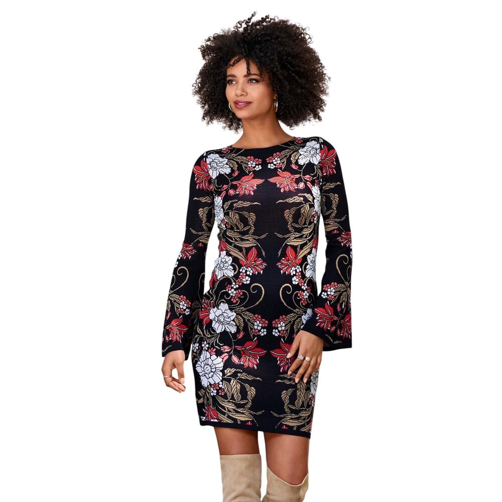 Boston Proper Mirrored Garden Print Intarsia Sweater Dress Brown Pink Medium - Picture 1 of 7